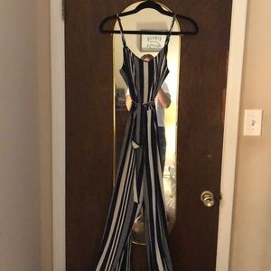 Navy blue and white striped jumpsuit